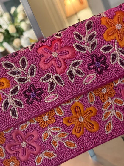 Trending Beaded Bags and Resort Collection - Pink Multi Floral Beaded Shoulder Bag