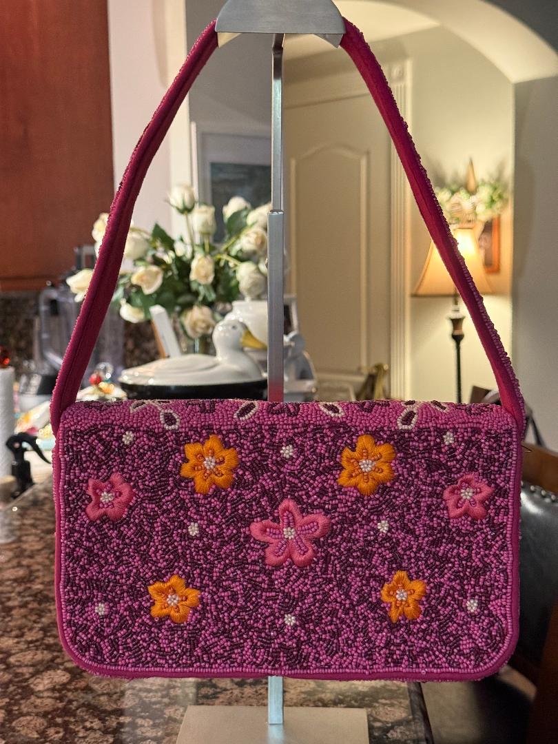 Trending Beaded Bags and Resort Collection - Pink Multi Floral Beaded Shoulder Bag