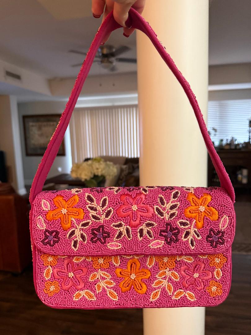 Trending Beaded Bags and Resort Collection - Pink Multi Floral Beaded Shoulder Bag