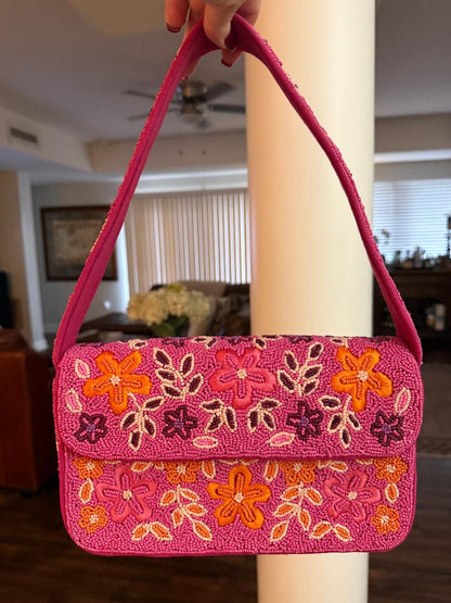 Trending Beaded Bags and Resort Collection - Pink Multi Floral Beaded Shoulder Bag