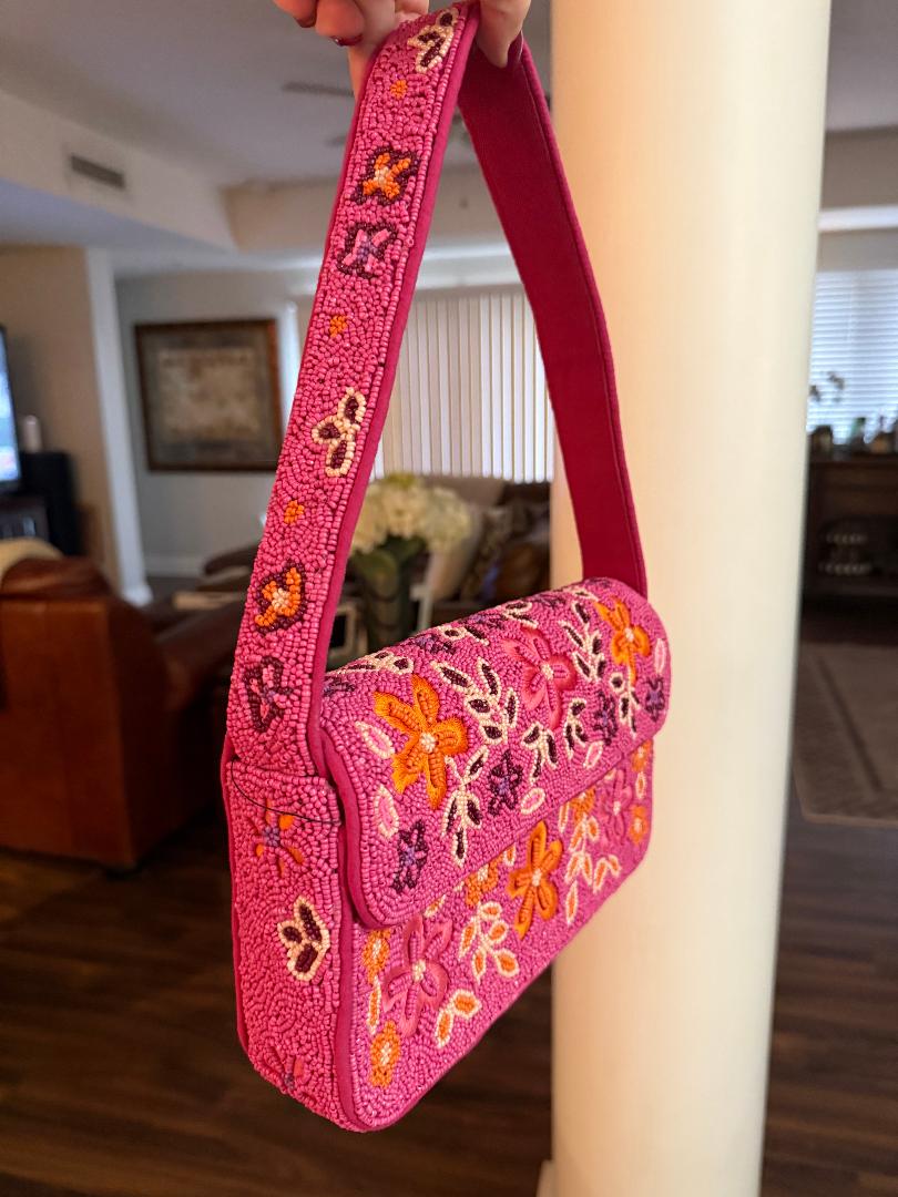 Trending Beaded Bags and Resort Collection - Pink Multi Floral Beaded Shoulder Bag