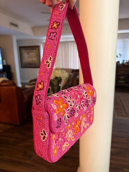 Trending Beaded Bags and Resort Collection - Pink Multi Floral Beaded Shoulder Bag