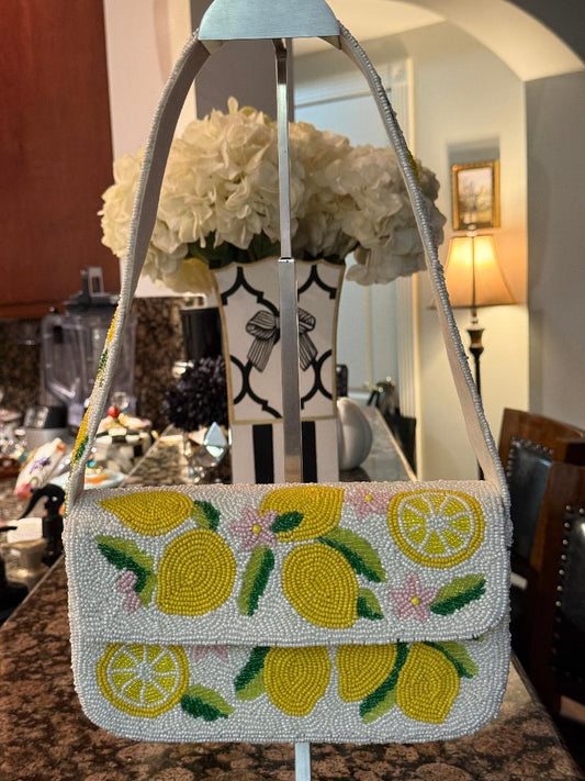 Trending Beaded Bags and Resort Collection - Yellow Lemons Beaded Shoulder Bag
