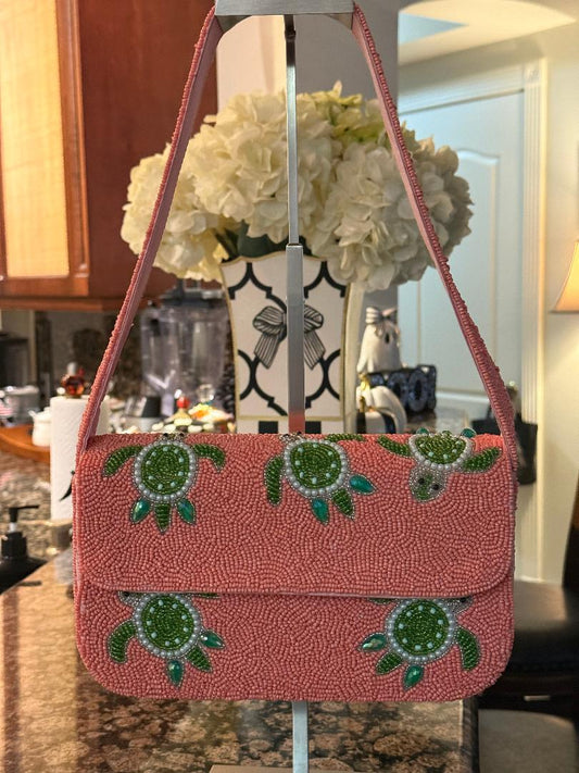 Trending Beaded Bags and Resort Collection - Pink Sea Turtles Beaded Shoulder Bag