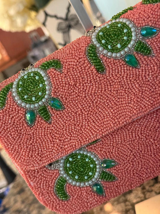 Trending Beaded Bags and Resort Collection - Pink Sea Turtles Beaded Shoulder Bag