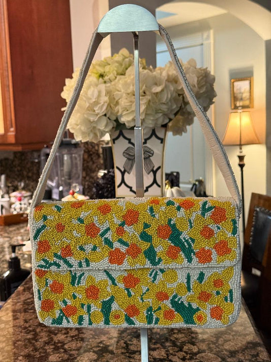 Trending Beaded Bags and Resort Collection - Yellow Sunflower Beaded Shoulder Bag