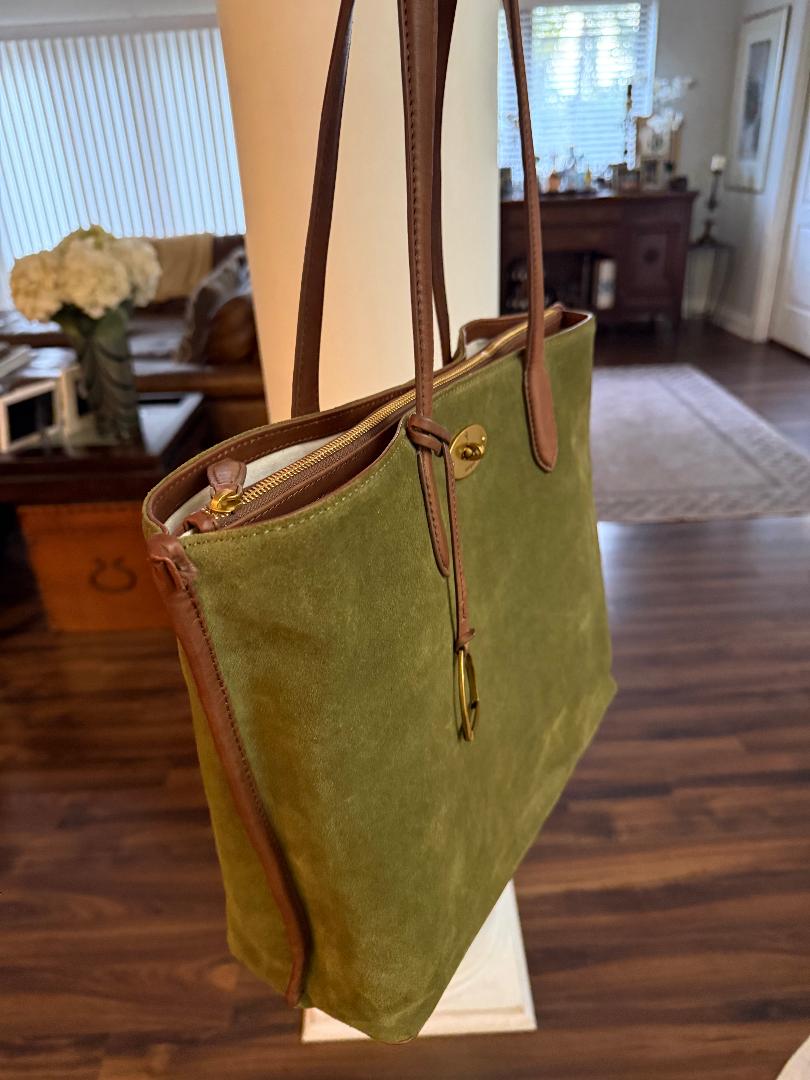 Trending Beaded Bags and Resort Collection - Margot Green Suede and Leather Shoulder Bag