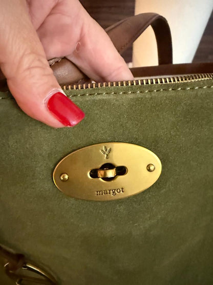 Trending Beaded Bags and Resort Collection - Margot Green Suede and Leather Shoulder Bag