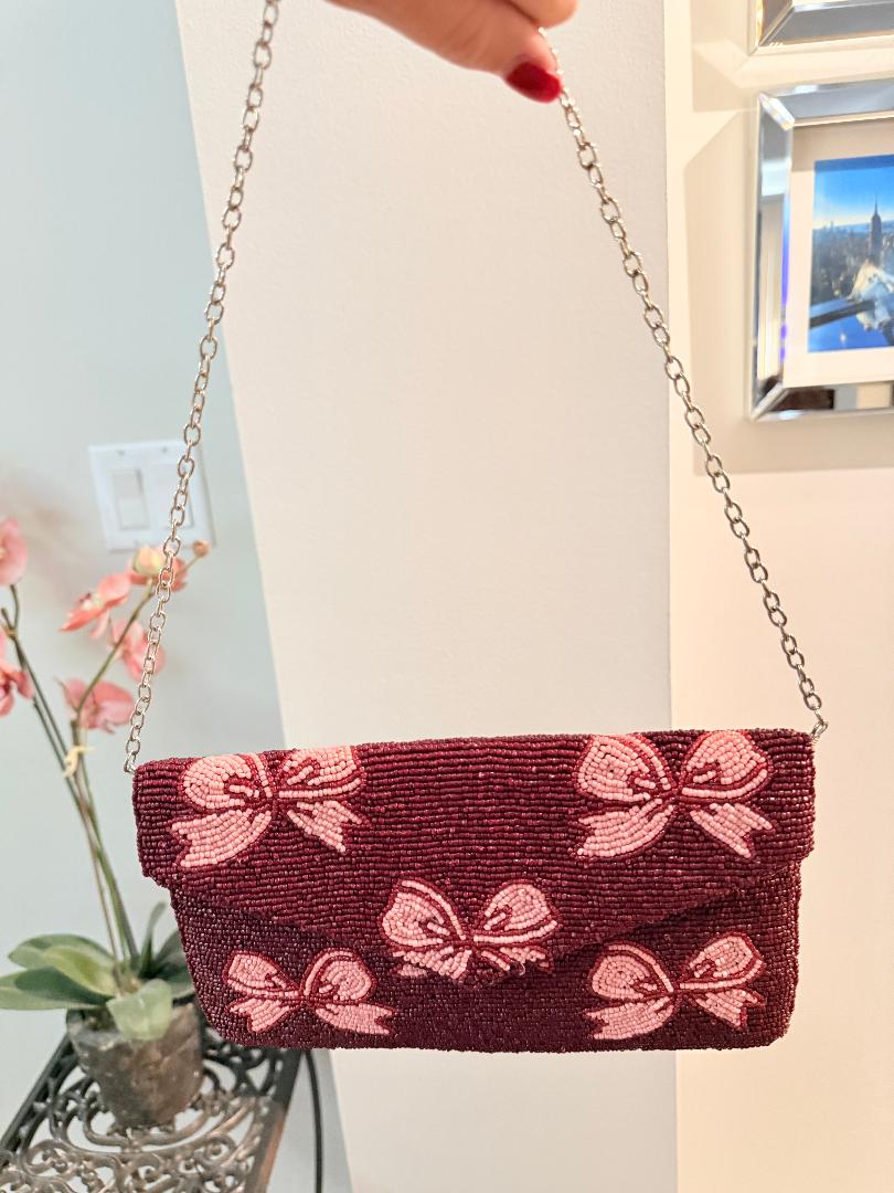Trending Beaded Bags and Resort Collection - Maroon Pink Bows Crossbody with Gold Chain