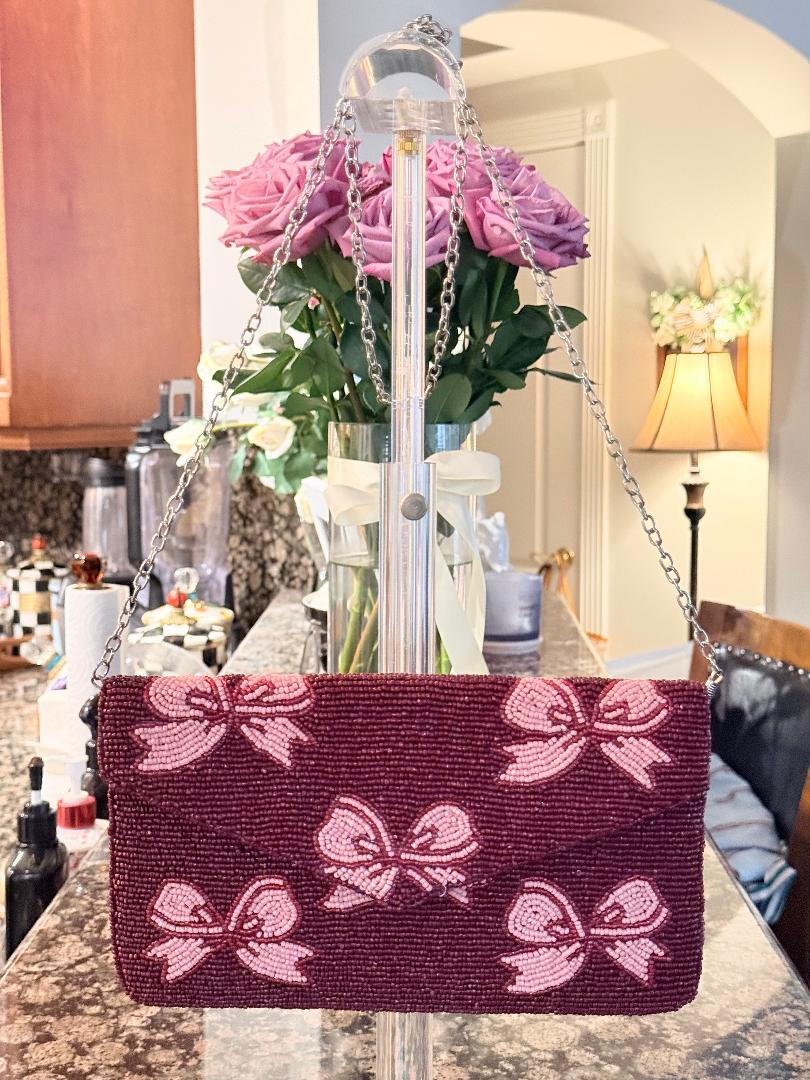 Trending Beaded Bags and Resort Collection - Maroon Pink Bows Crossbody with Gold Chain