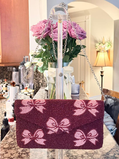 Trending Beaded Bags and Resort Collection - Maroon Pink Bows Crossbody with Gold Chain