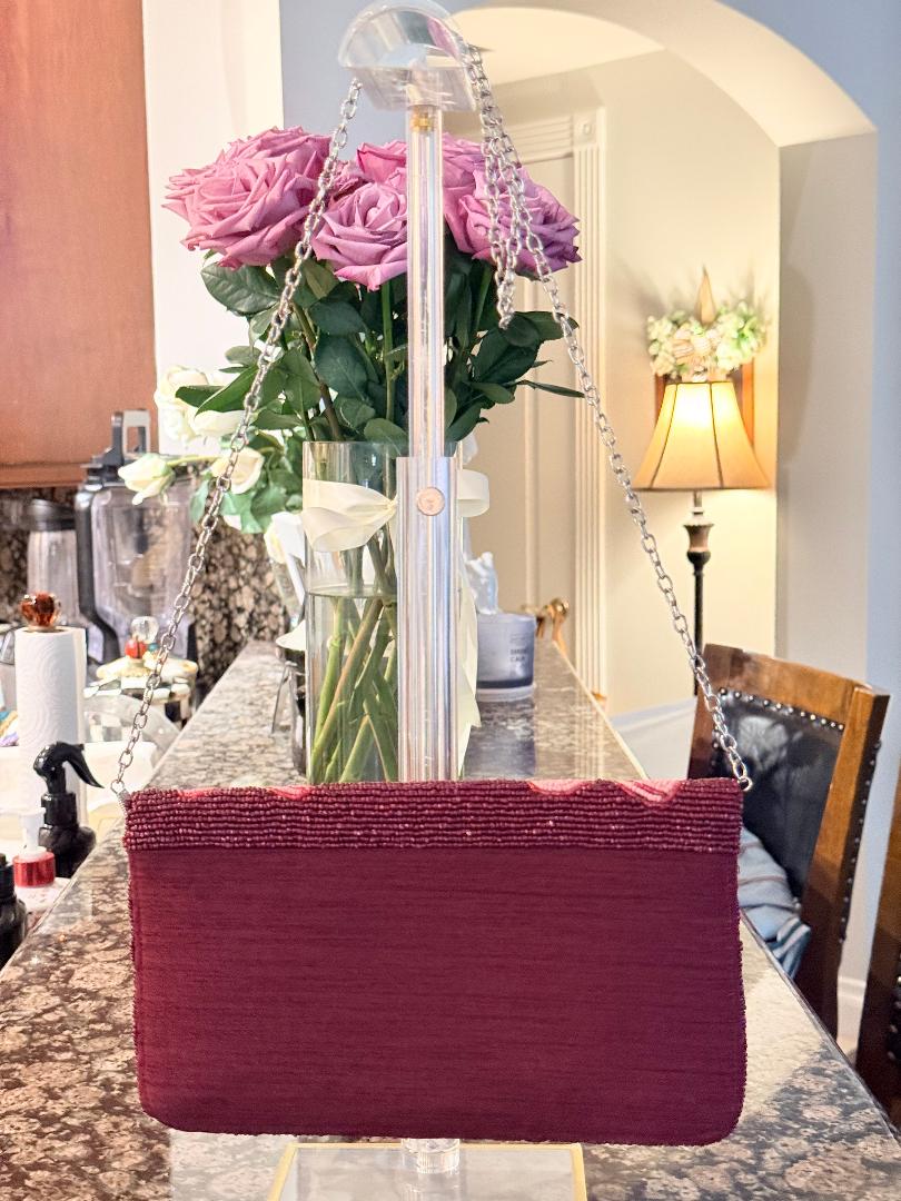 Trending Beaded Bags and Resort Collection - Maroon Pink Bows Crossbody with Gold Chain