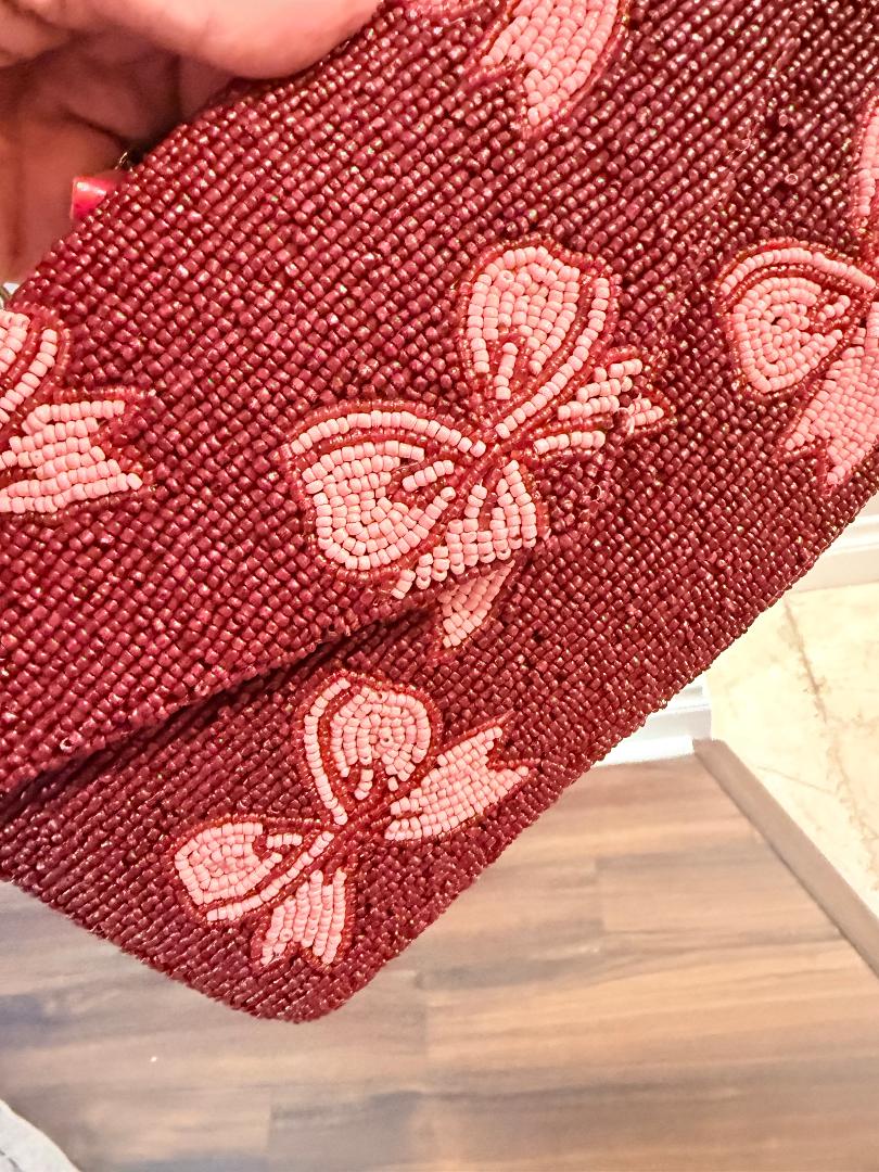 Trending Beaded Bags and Resort Collection - Maroon Pink Bows Crossbody with Gold Chain