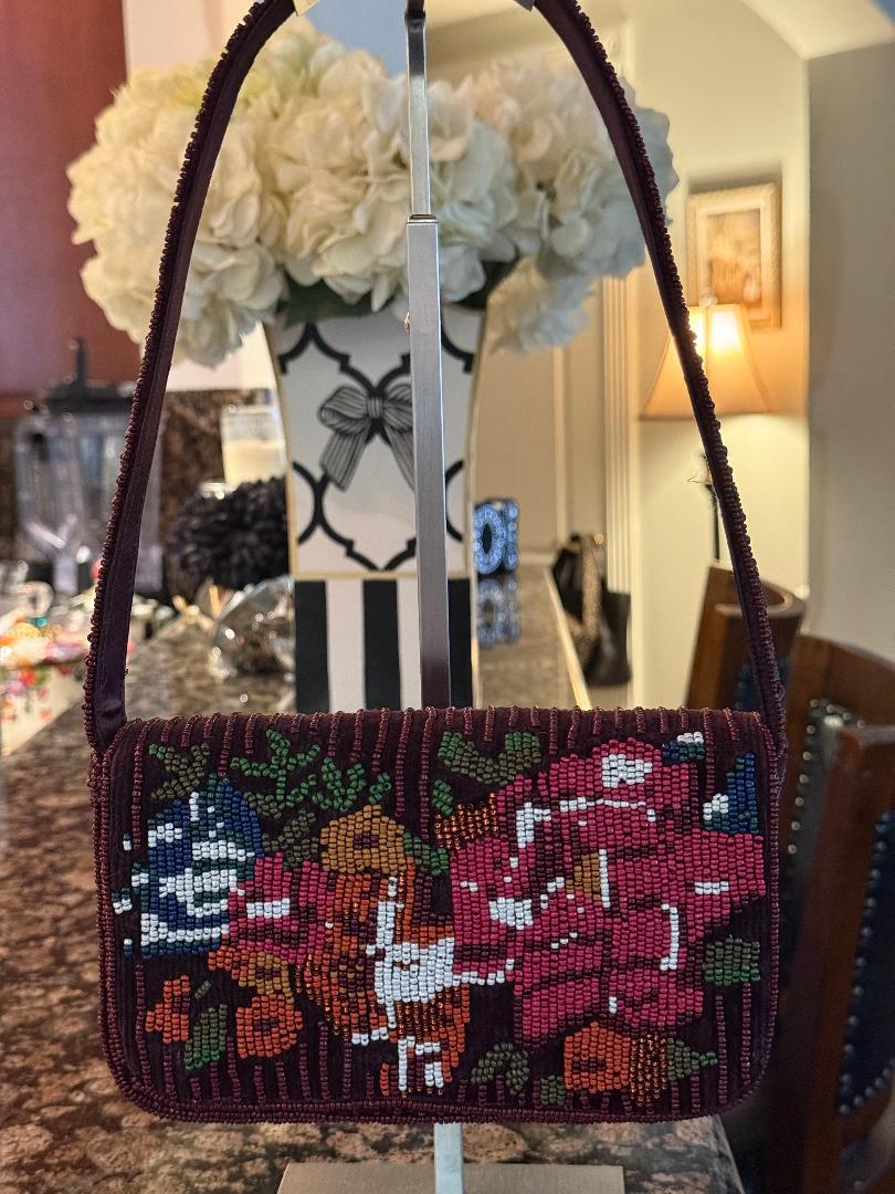 Trending Beaded Bags and Resort Collection - Maroon Floral Beaded Shoulder Bag