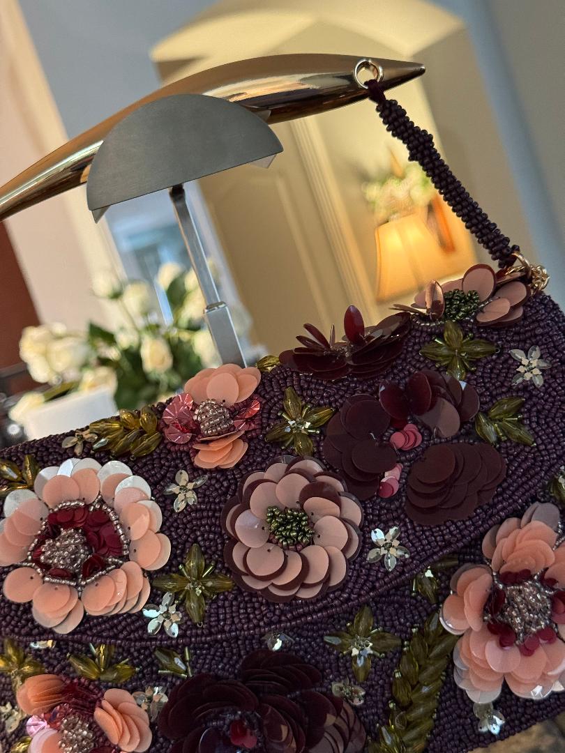 Trending Beaded bags and Resort Collection - Maroon Floral Gold Top Handle Beaded Bag