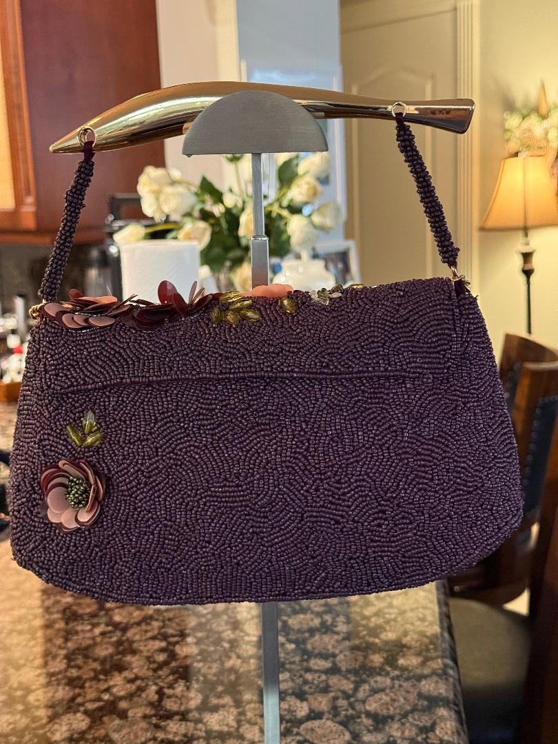 Trending Beaded bags and Resort Collection - Maroon Floral Gold Top Handle Beaded Bag