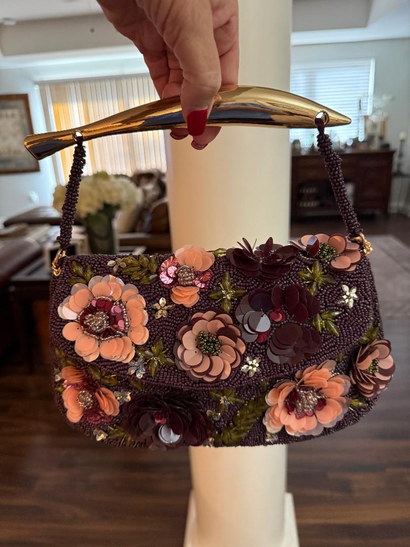 Trending Beaded bags and Resort Collection - Maroon Floral Gold Top Handle Beaded Bag