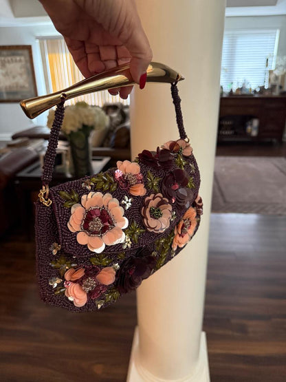 Trending Beaded bags and Resort Collection - Maroon Floral Gold Top Handle Beaded Bag