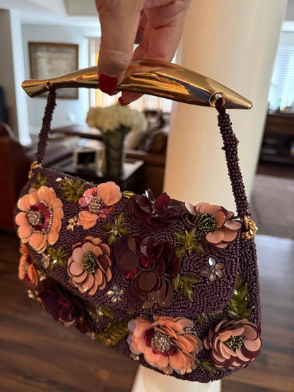 Trending Beaded bags and Resort Collection - Maroon Floral Gold Top Handle Beaded Bag