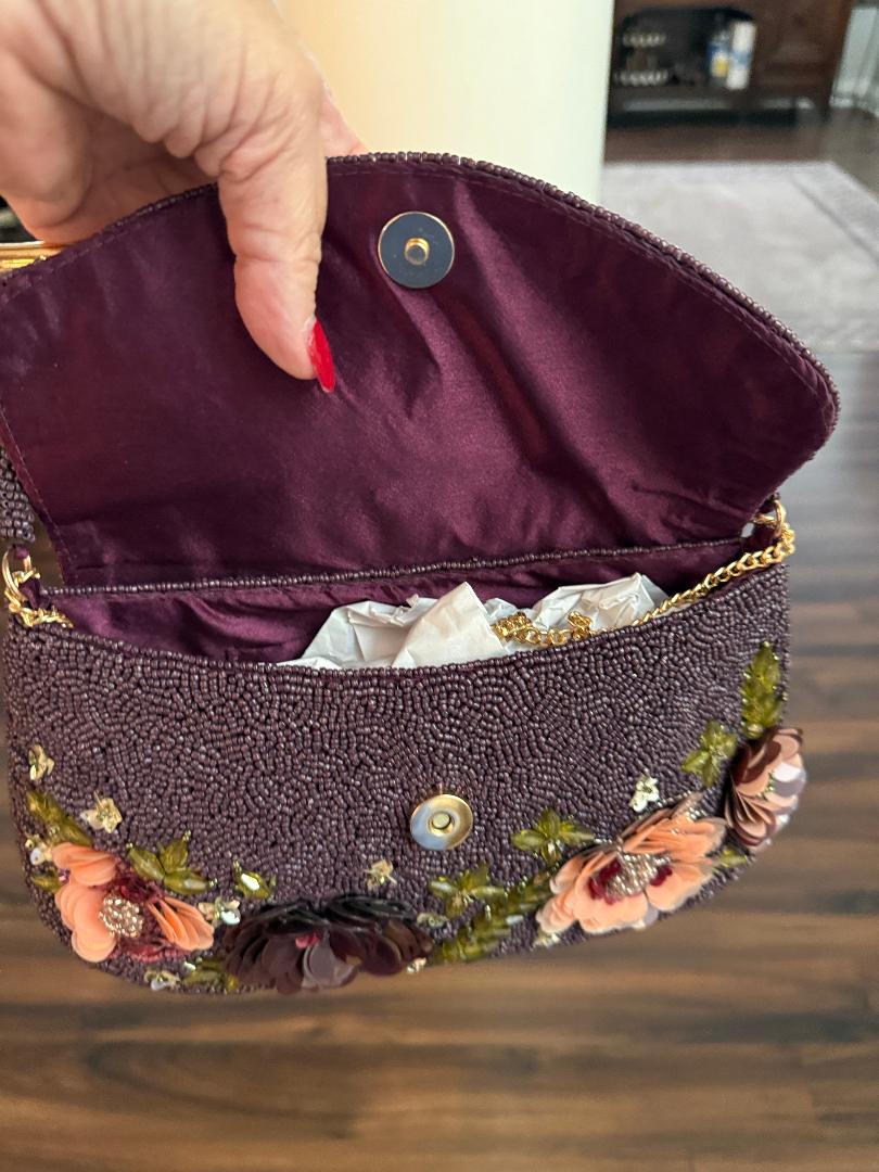 Trending Beaded bags and Resort Collection - Maroon Floral Gold Top Handle Beaded Bag