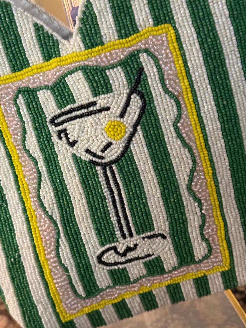 Trending Beaded Bags and Resort Collection - Martini Green & White Beaded Striped Tote Bag