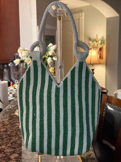 Trending Beaded Bags and Resort Collection - Martini Green & White Beaded Striped Tote Bag