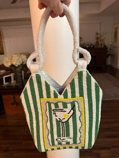Trending Beaded Bags and Resort Collection - Martini Green & White Beaded Striped Tote Bag