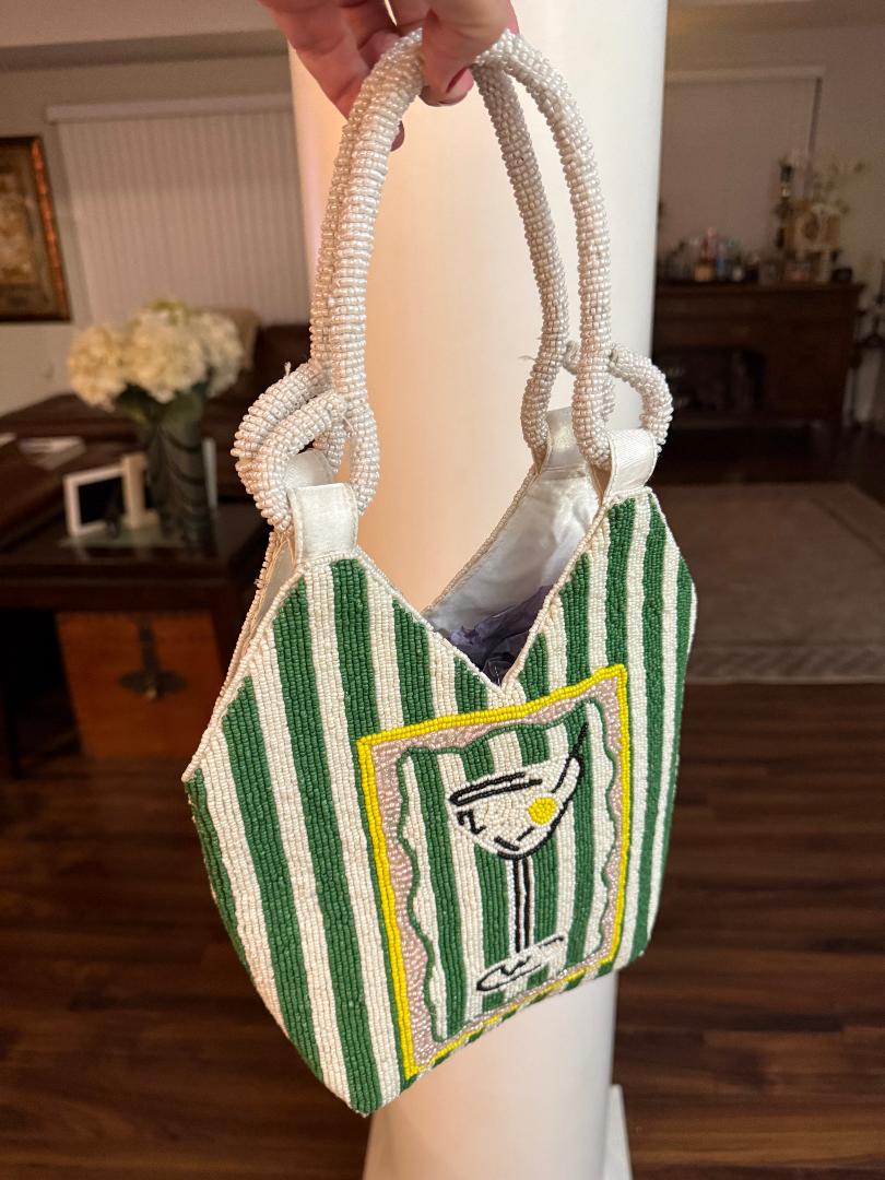 Trending Beaded Bags and Resort Collection - Martini Green & White Beaded Striped Tote Bag