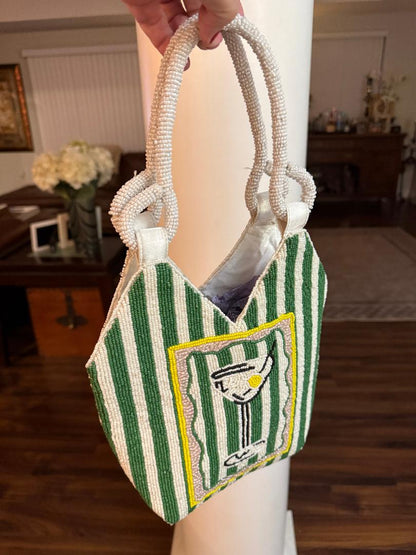 Trending Beaded Bags and Resort Collection - Martini Green & White Beaded Striped Tote Bag