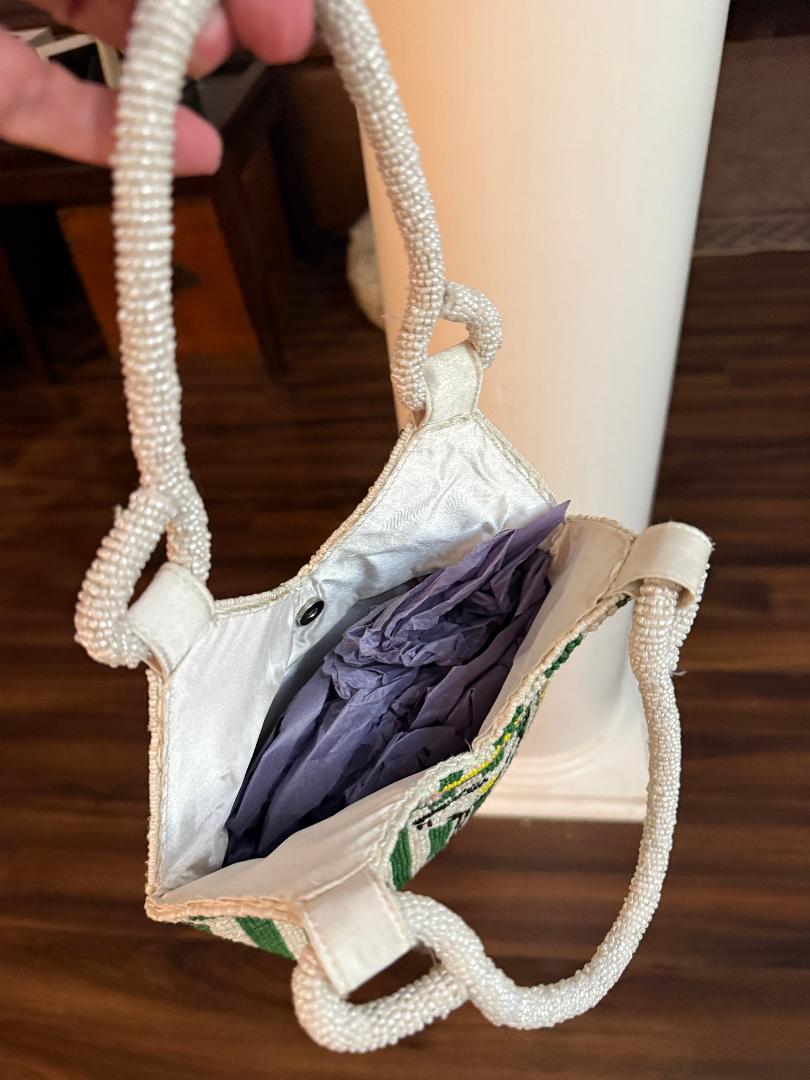 Trending Beaded Bags and Resort Collection - Martini Green & White Beaded Striped Tote Bag