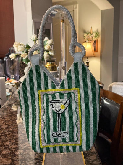 Trending Beaded Bags and Resort Collection - Martini Green & White Beaded Striped Tote Bag
