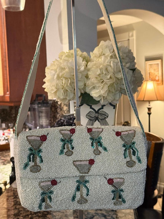 Trending Beaded Bags and Resort Collection - White Martini Cocktail Beaded Shoulder Bag