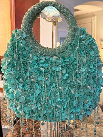 Trending Beaded Bags and Resort Collection - Mint Green Fringe Beaded Top Handle Bag