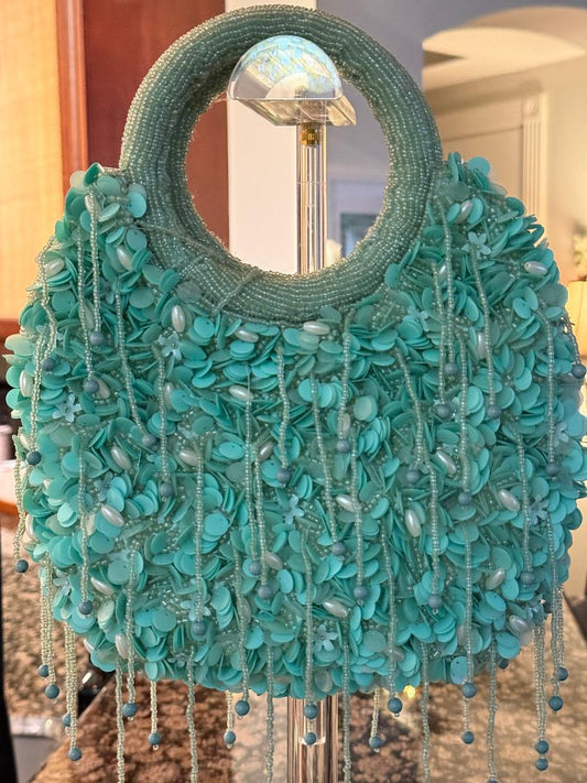 Trending Beaded Bags and Resort Collection - Mint Green Fringe Beaded Top Handle Bag