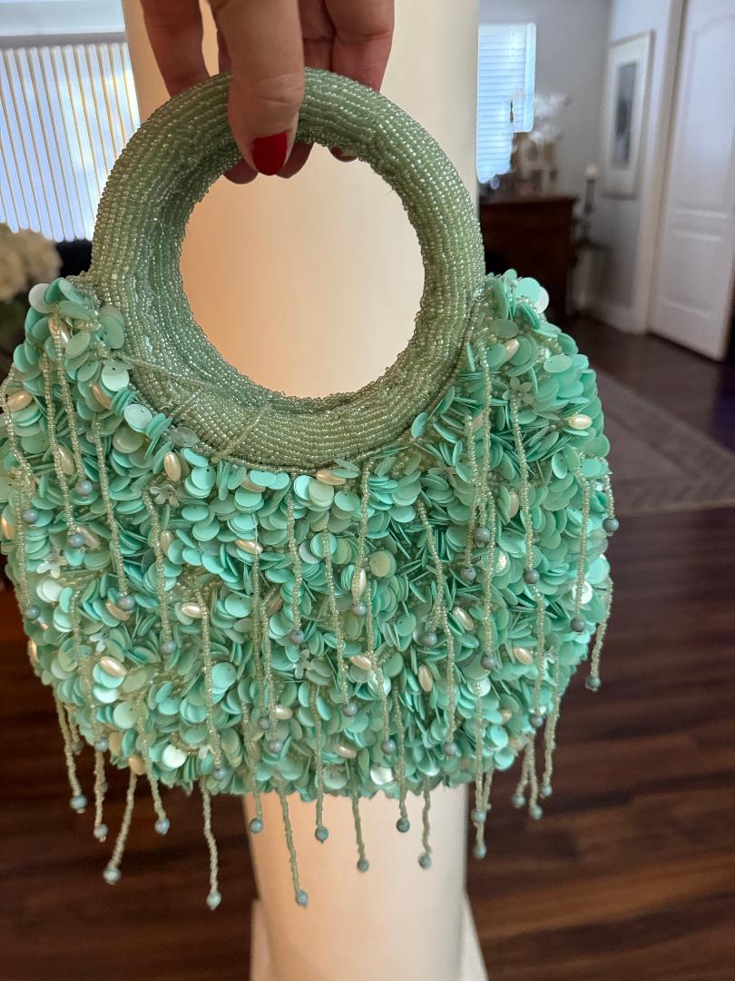 Trending Beaded Bags and Resort Collection - Mint Green Fringe Beaded Top Handle Bag