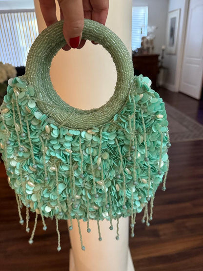 Trending Beaded Bags and Resort Collection - Mint Green Fringe Beaded Top Handle Bag