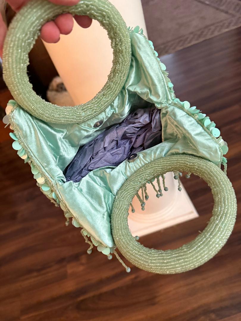 Trending Beaded Bags and Resort Collection - Mint Green Fringe Beaded Top Handle Bag