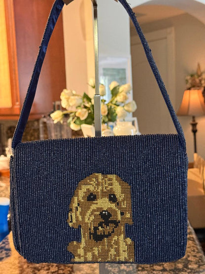 Trending Beaded Bags and Resort Collection - Navy Blue Golden Dog Beaded Shoulder Bag