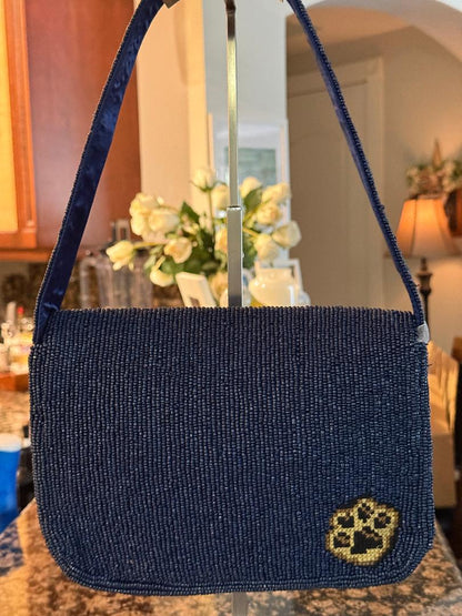 Trending Beaded Bags and Resort Collection - Navy Blue Golden Dog Beaded Shoulder Bag