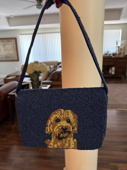 Trending Beaded Bags and Resort Collection - Navy Blue Golden Dog Beaded Shoulder Bag