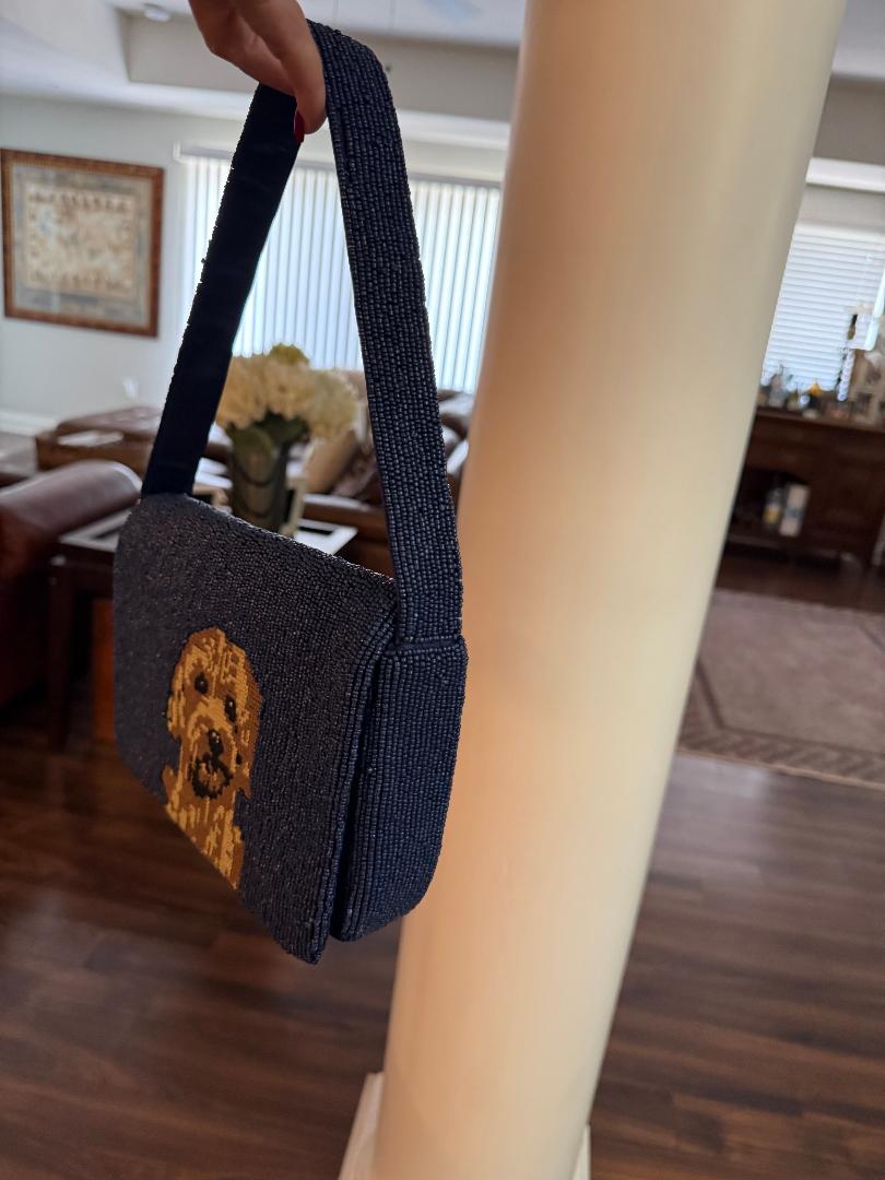 Trending Beaded Bags and Resort Collection - Navy Blue Golden Dog Beaded Shoulder Bag