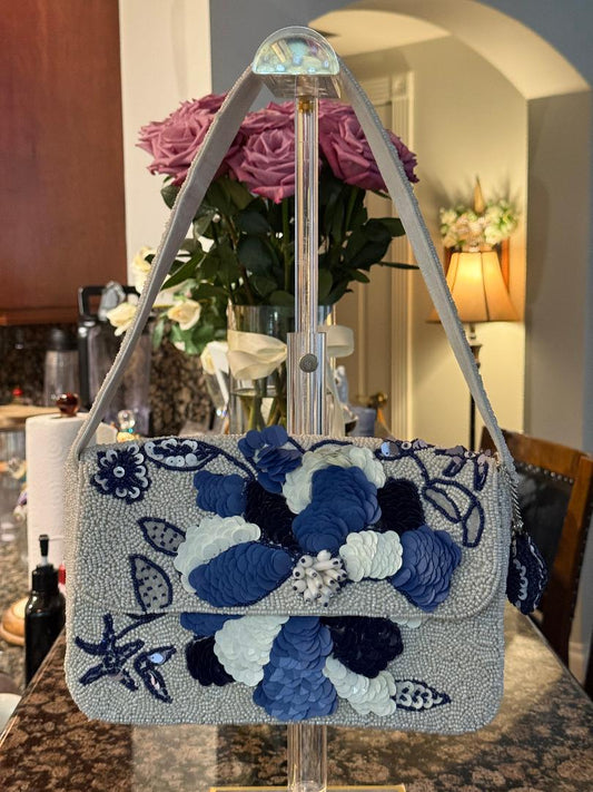 Trending Beaded Bags and Resort Collection - Navy Blue & White Floral with Matching Bag Charm