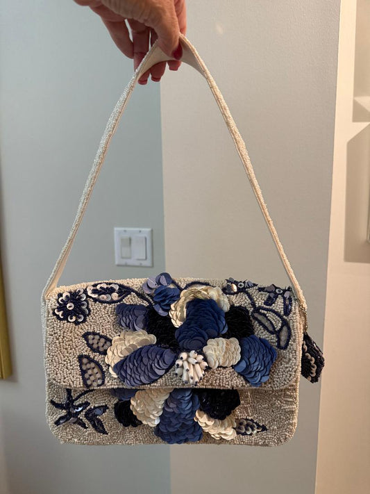 Trending Beaded Bags and Resort Collection - Navy Blue & White Floral with Matching Bag Charm