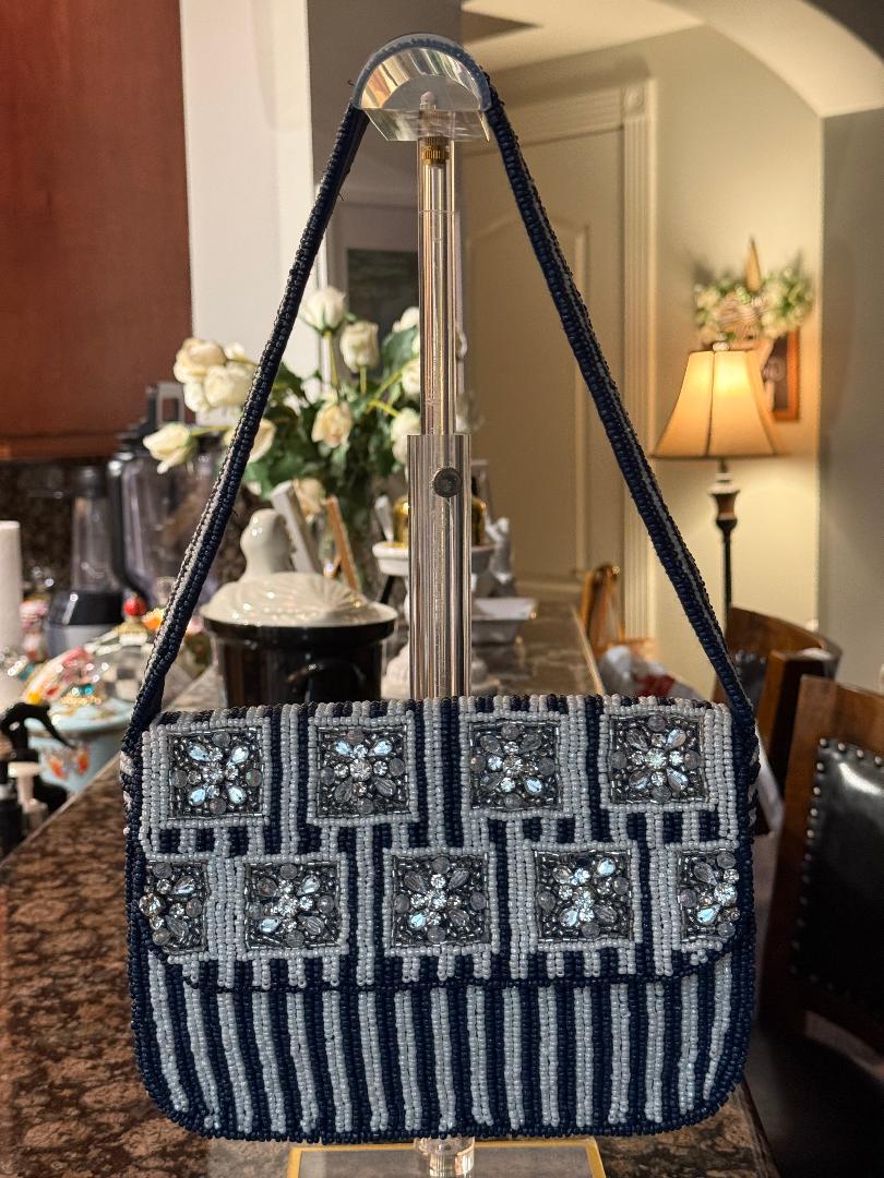 Trending Beaded Bags and Resort Collection - Navy Blue & White Beaded Shoulder Bag with Crystals
