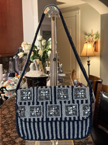 Trending Beaded Bags and Resort Collection - Navy Blue & White Beaded Shoulder Bag with Crystals
