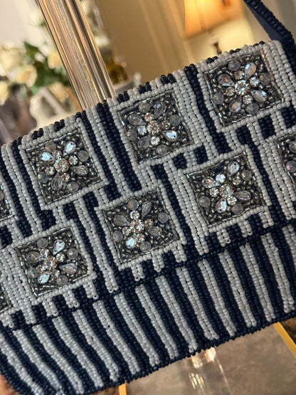 Trending Beaded Bags and Resort Collection - Navy Blue & White Beaded Shoulder Bag with Crystals