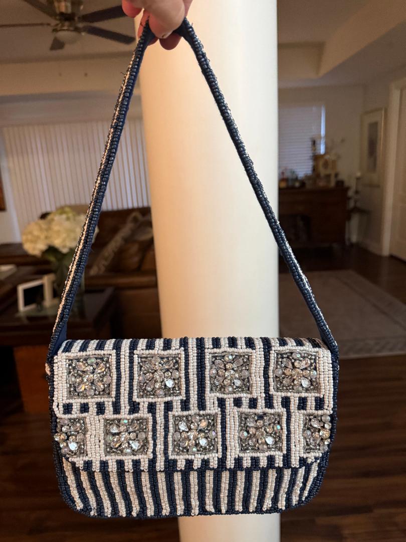 Trending Beaded Bags and Resort Collection - Navy Blue & White Beaded Shoulder Bag with Crystals