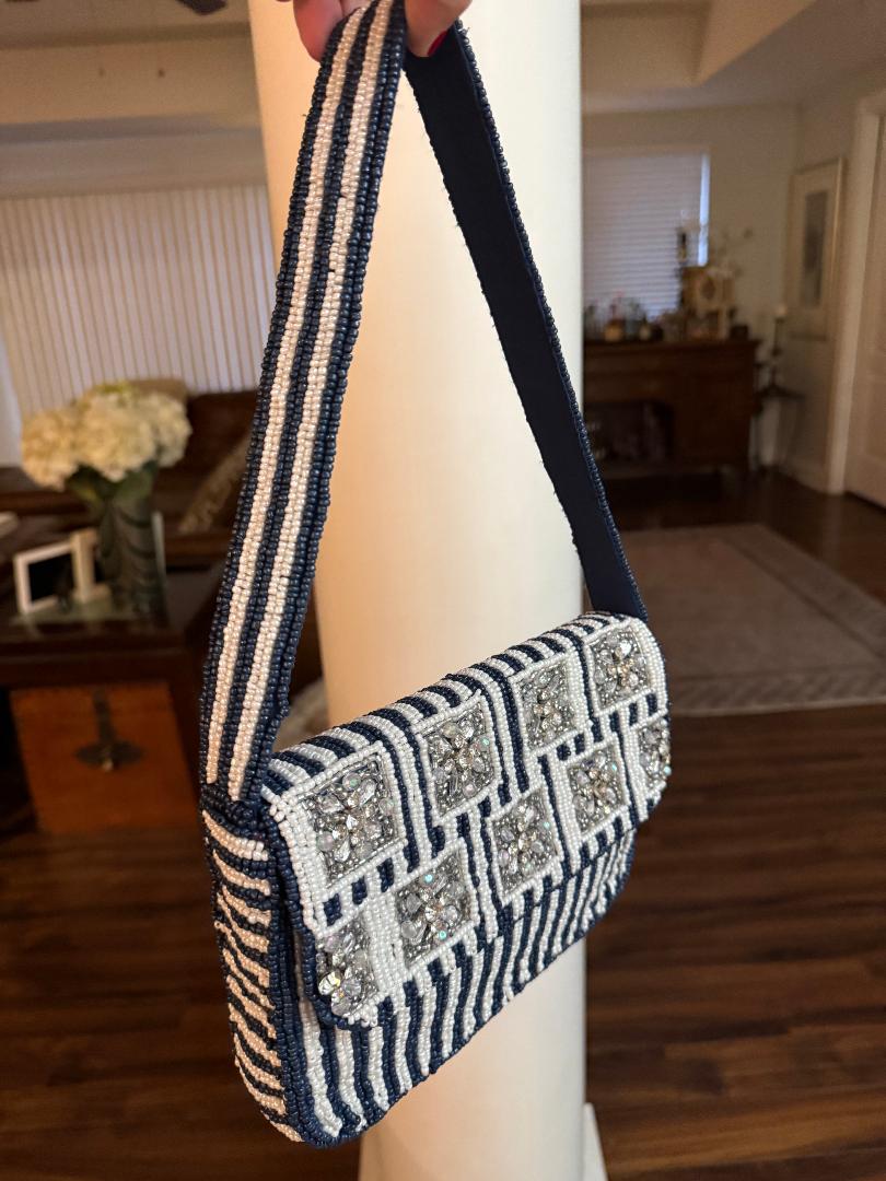 Trending Beaded Bags and Resort Collection - Navy Blue & White Beaded Shoulder Bag with Crystals