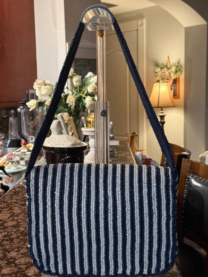 Trending Beaded Bags and Resort Collection - Navy Blue & White Beaded Shoulder Bag with Crystals