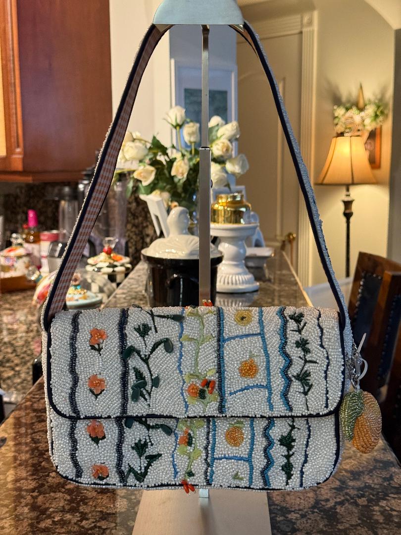 Trending Beaded Bags and Resort Collection - White Beaded Floral Orange Checkered Shoulder Bag with Orange Bag Charm